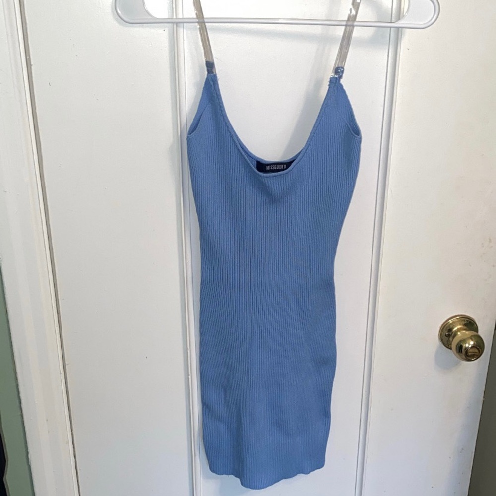Missguided Light Blue Ribbed Slip Tank Clear Strap Dress